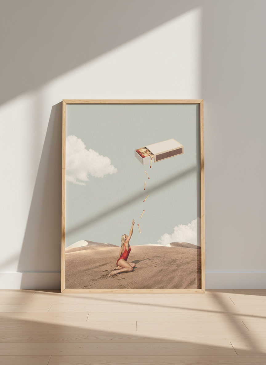 Surreal Desert Art Print | Matchstick Woman Wall Art | Modern Collage Decor | Aesthetic Room Poster | Neutral Home Decor
