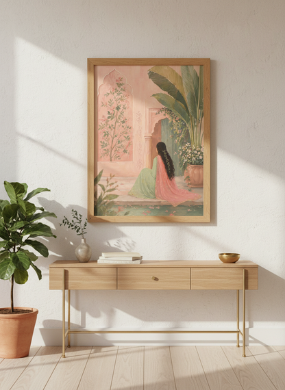 Indian Garden Wall Art | Pink Botanical Painting, Mughal Decor Poster