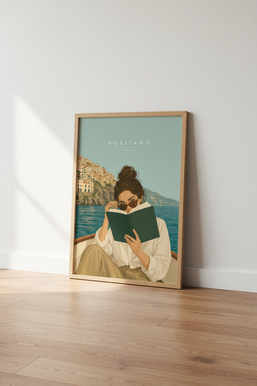 Positano Italy Woman Reading Poster | Coastal Home Decor | Retro Mediterranean Art