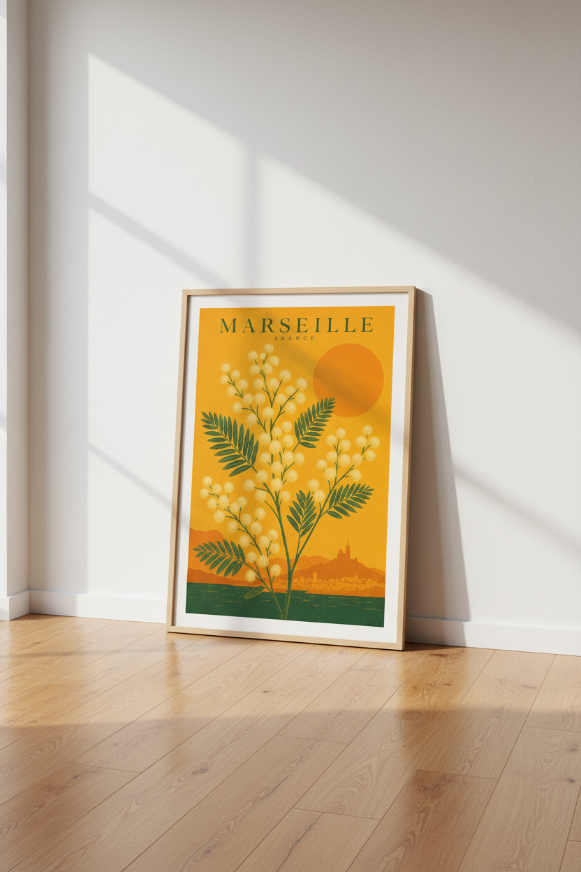 Marseille France Mimosa Flower Print | Vintage Orange Travel Art | Retro Boho Wall Decor