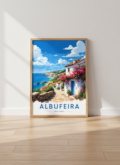 Albufeira Portugal Wall Art | Coastal Mediterranean Print, Travel Poster