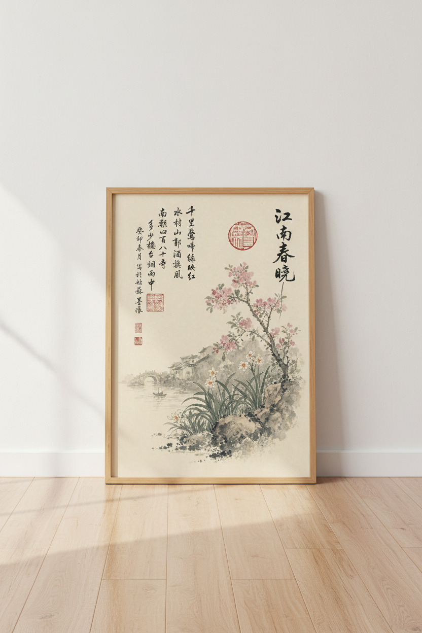 Chinese Landscape Ink Painting | Pink Floral &amp; Calligraphy, Asian Zen Decor