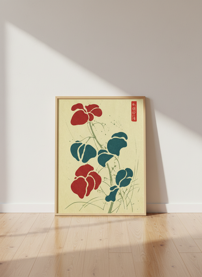 Japanese Woodblock Floral Wall Art | Red &amp; Teal Botanical Print, Japandi Decor