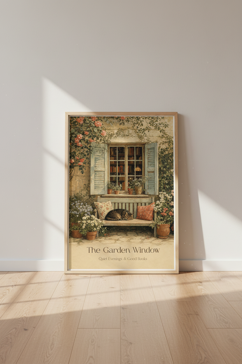 Cat in Garden Window Art | Vintage Cottagecore Poster, Cozy Library Room Decor