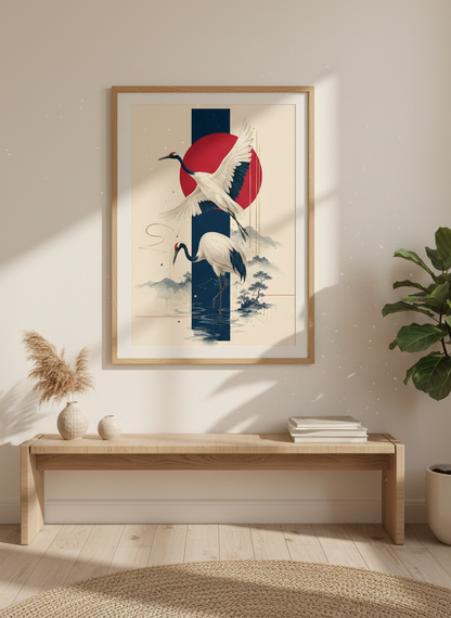 Japanese Crane Wall Art | Minimalist Red Sun Poster, Zen Bedroom Decor