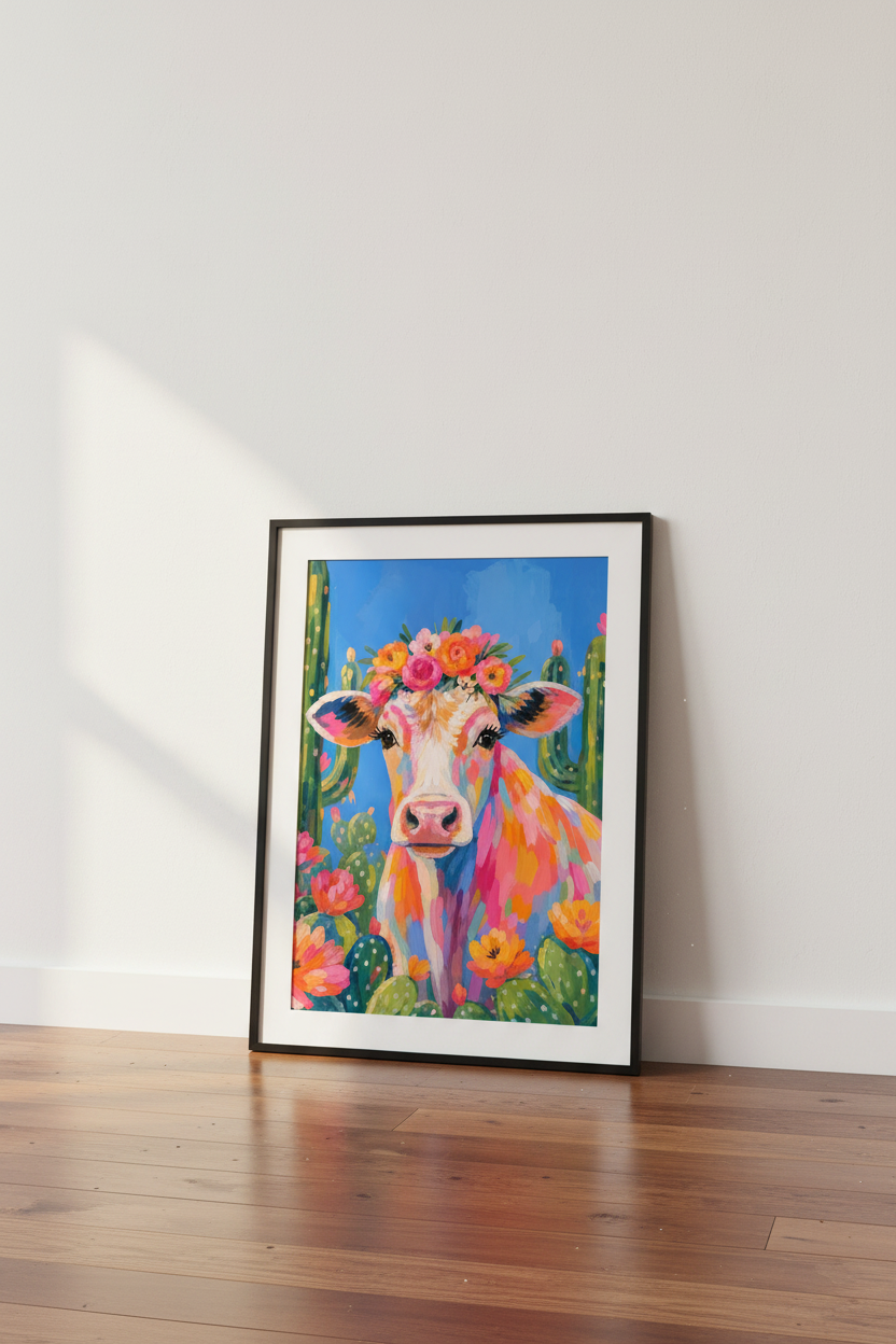 colorful cow print | Whimsical Floral Farmhouse Livingroom Poster