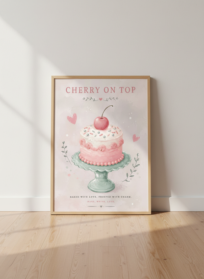 Cherry Cake Painting | Pink Pastel Watercolor, Kitchen &amp; Nursery Wall Art Print
