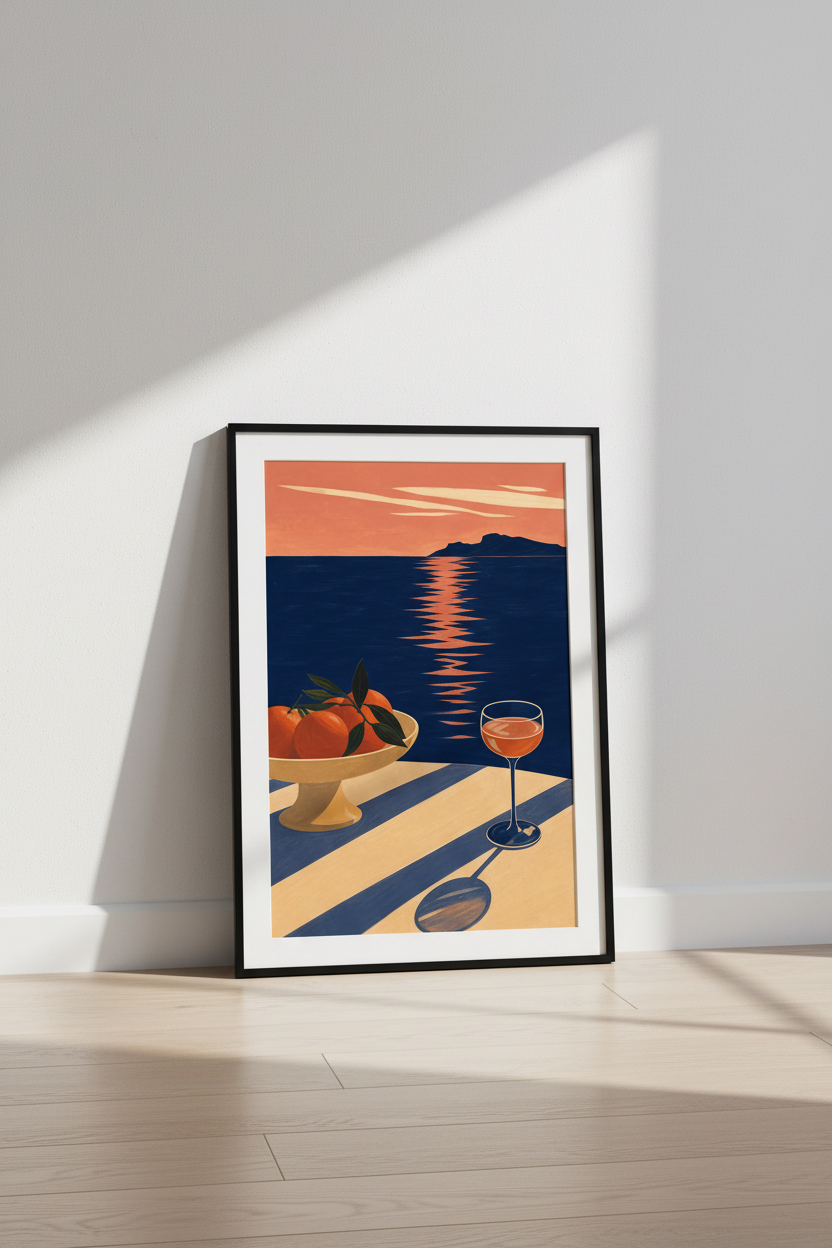 coastal still life | midcentury navy coral dining decor