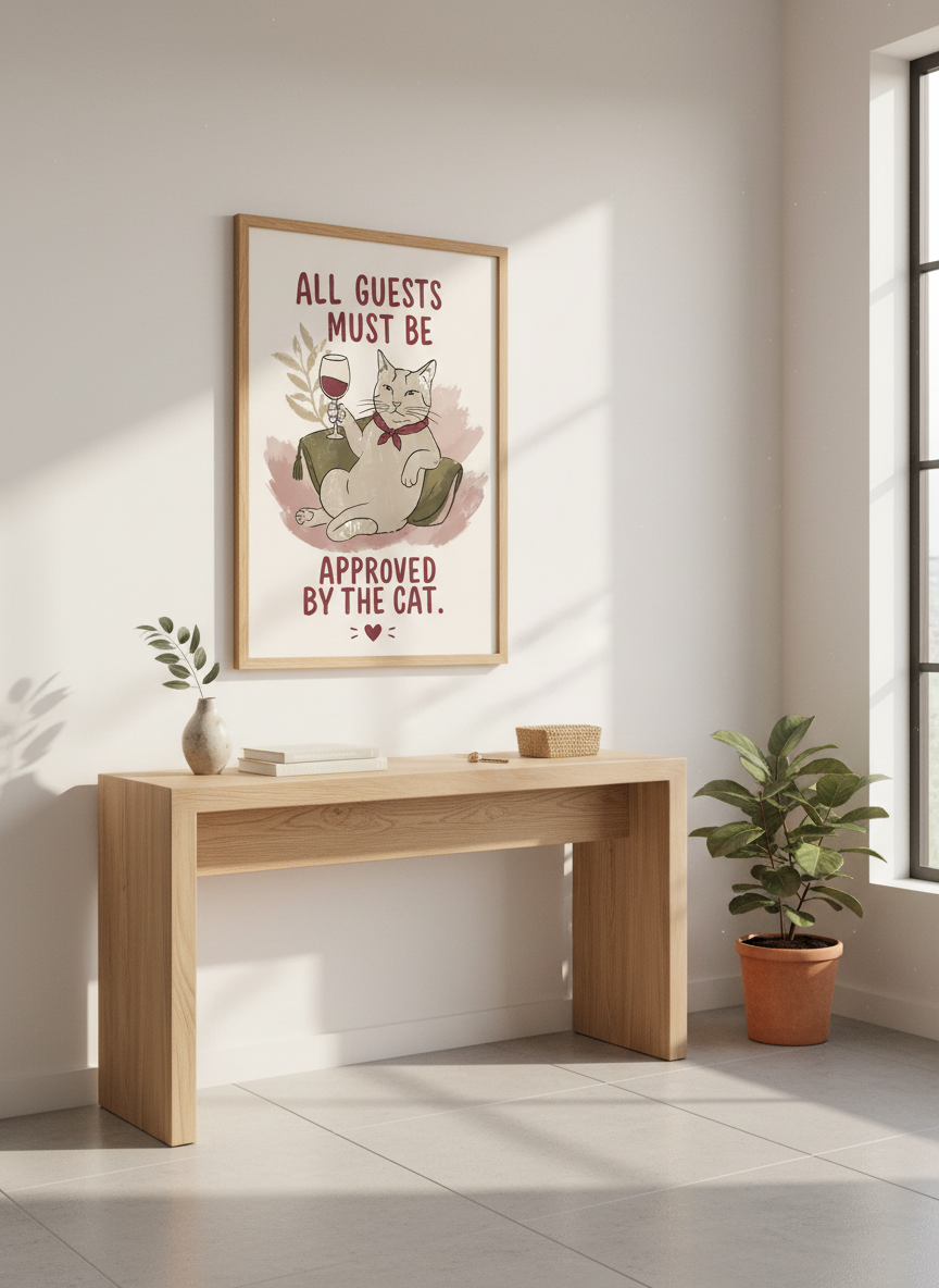 Funny Cat Wine Wall Art | Muted Boho Guest Room Poster, Cat Lover Gift