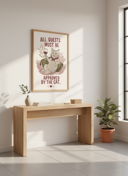 Funny Cat Wine Wall Art | Muted Boho Guest Room Poster, Cat Lover Gift