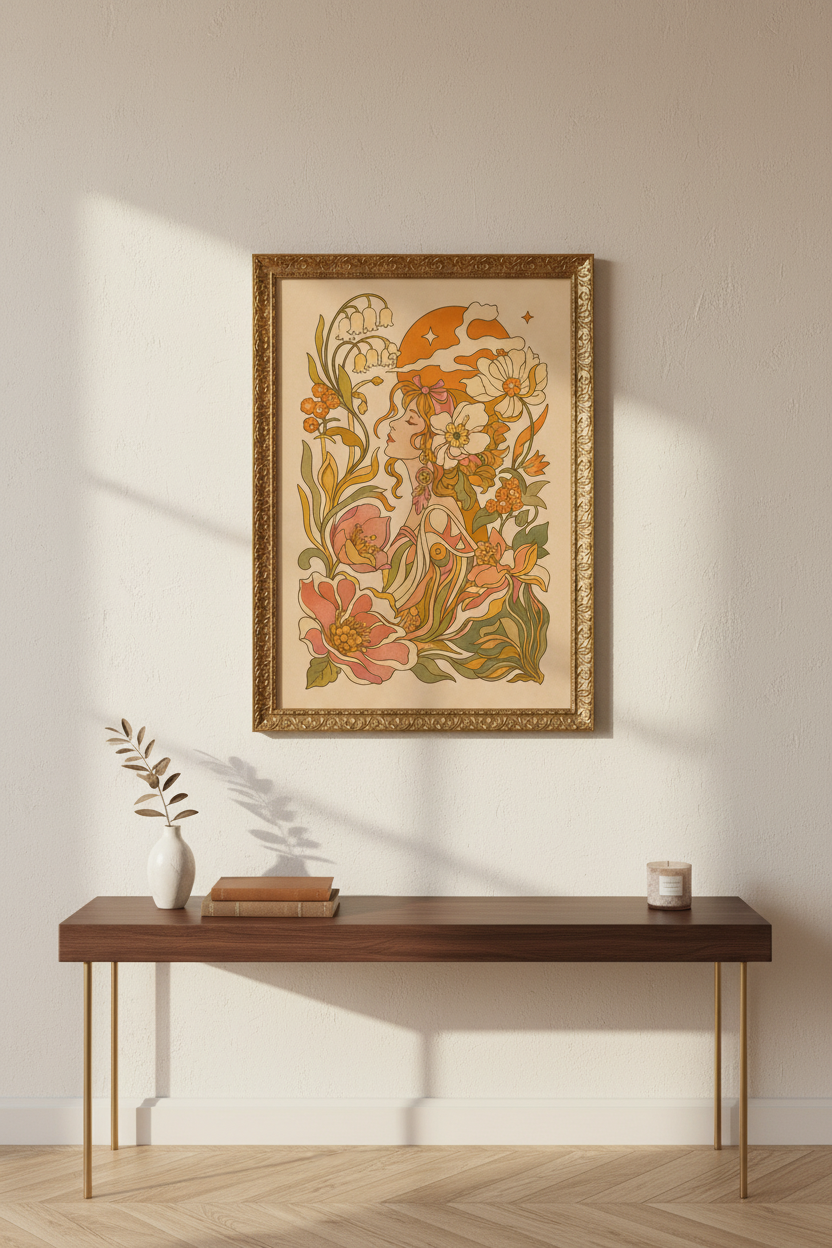art nouveau poster | floral portrait, warm terracotta bedroom decor