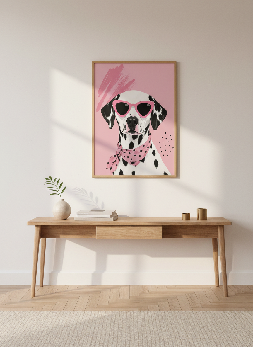 Dalmatian with Sunglasses Art | Pink Preppy Portrait, Girly Bedroom Decor Poster