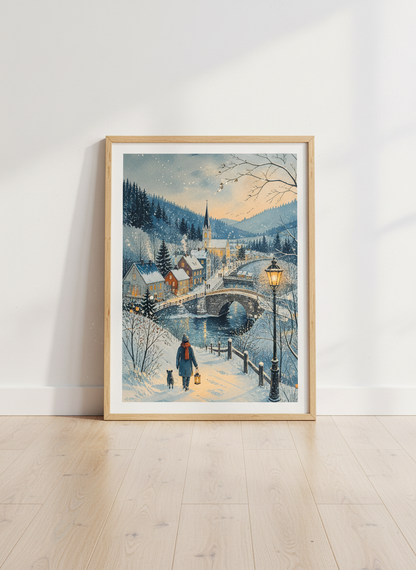 Winter Village Watercolor Art | Snowy Town Landscape, Cozy Christmas Decor Walking Dog