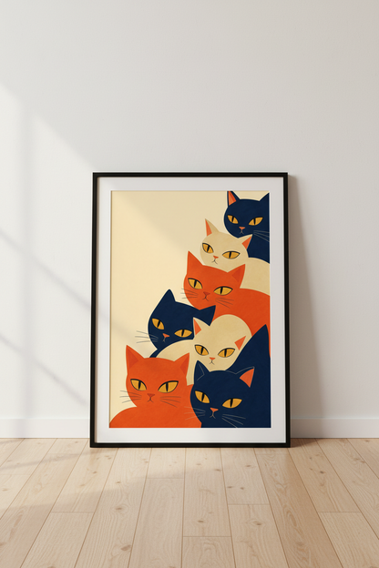 Retro Cat Poster | Midcentury Navy Orange Living Room Decor