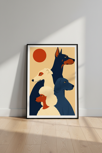 modern dog poster | Midcentury navy rust livingroom print