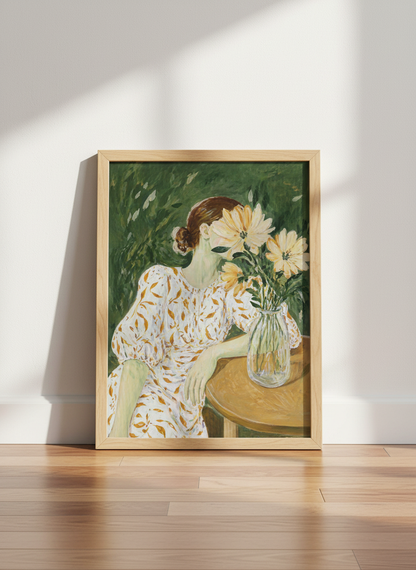 Abstract Woman with Flowers Wall Art Print | Boho Living Room Decor | Botanical Aesthetic Poster | Serene Floral Painting