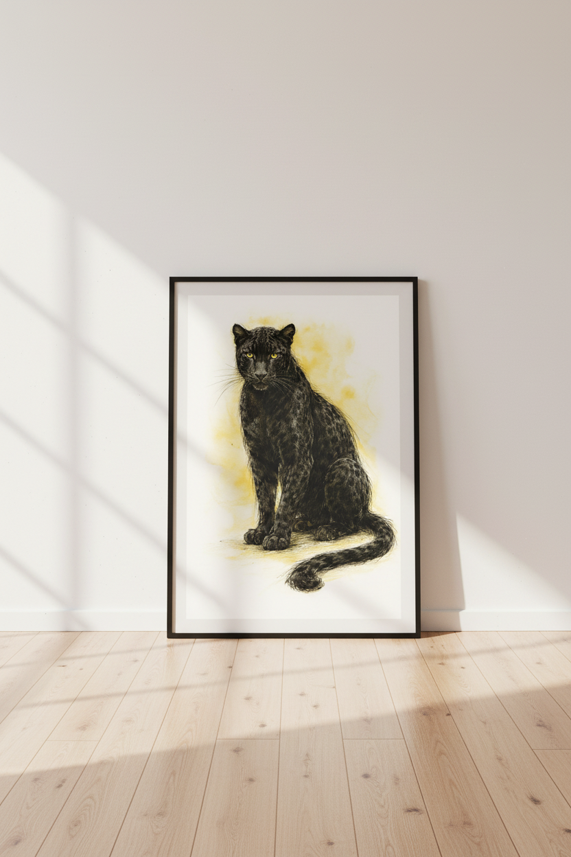 Watercolor Black Panther Wall Art Print | Jungle Home Decor | Wildlife Animal Poster | Yellow &amp; Black | Digital &amp; Framed Options