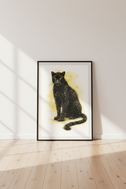 Watercolor Black Panther Wall Art Print | Jungle Home Decor | Wildlife Animal Poster | Yellow &amp; Black | Digital &amp; Framed Options