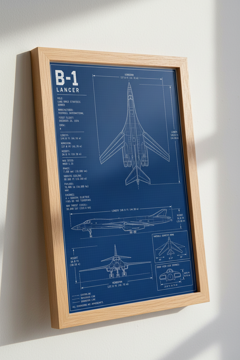 Blueprint B-1 Lancer Bomber Wall Art Decor | Aviation Enthusiast Gift | Military Aircraft Poster Print | Man Cave Art