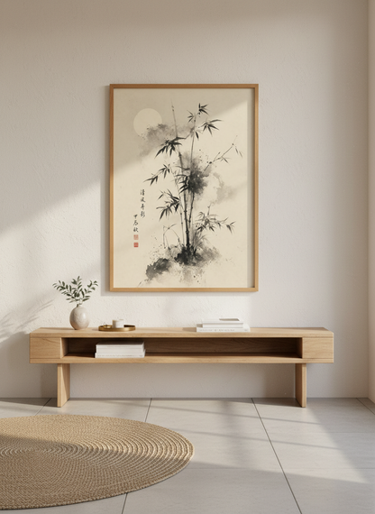 Japanese Bamboo Ink Wash Print | Zen Moon Home Decor | Minimalist Sumi-e Poster