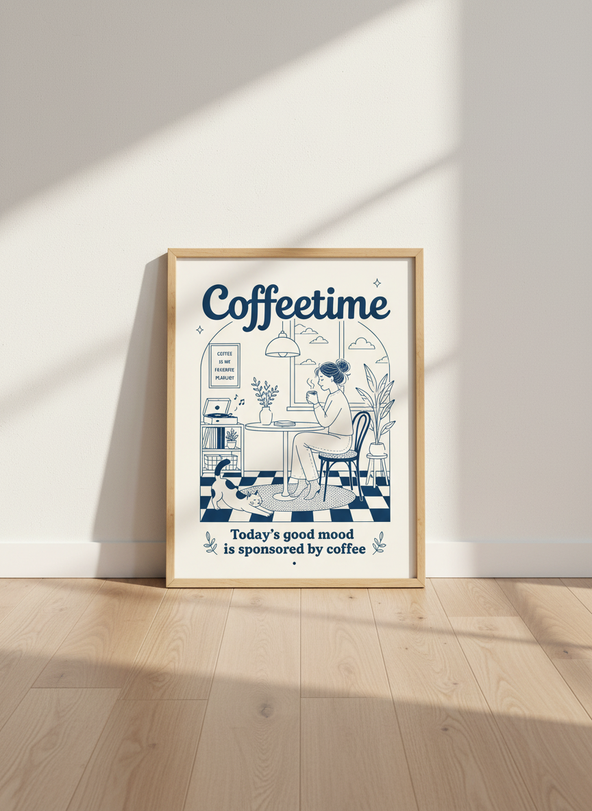 Coffetime Retro Line Art Print | Navy Kitchen Decor | Cozy Coffee Lover Poster