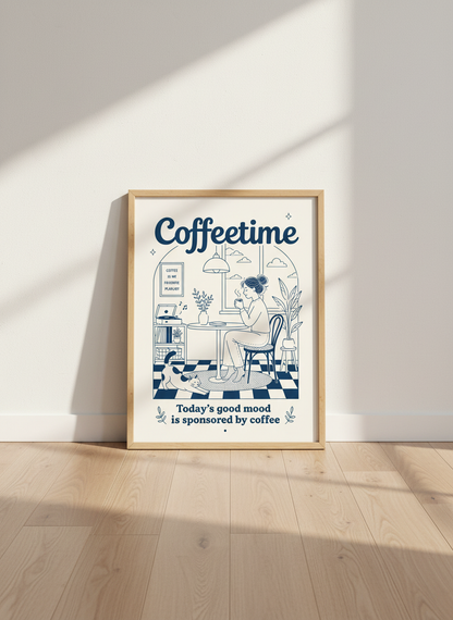 Coffetime Retro Line Art Print | Navy Kitchen Decor | Cozy Coffee Lover Poster