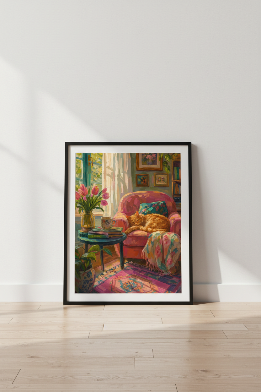 Cozy Cat Wall Art | Impressionist Floral Pink Living Room Decor