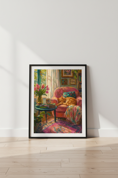Cozy Cat Wall Art | Impressionist Floral Pink Living Room Decor