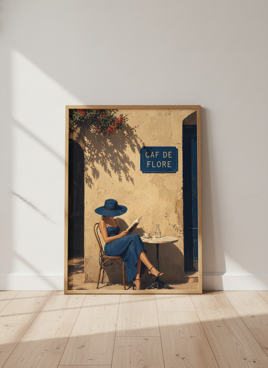 Paris Cafe de Flore Wall Art | Blue Dress Woman Reading Poster | French Country Decor