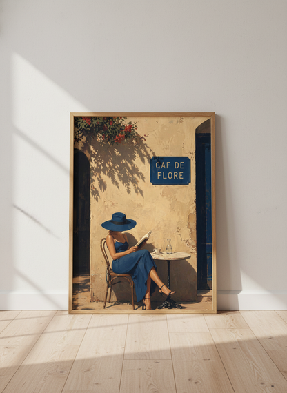 Paris Cafe de Flore Wall Art | Blue Dress Woman Reading Poster | French Country Decor