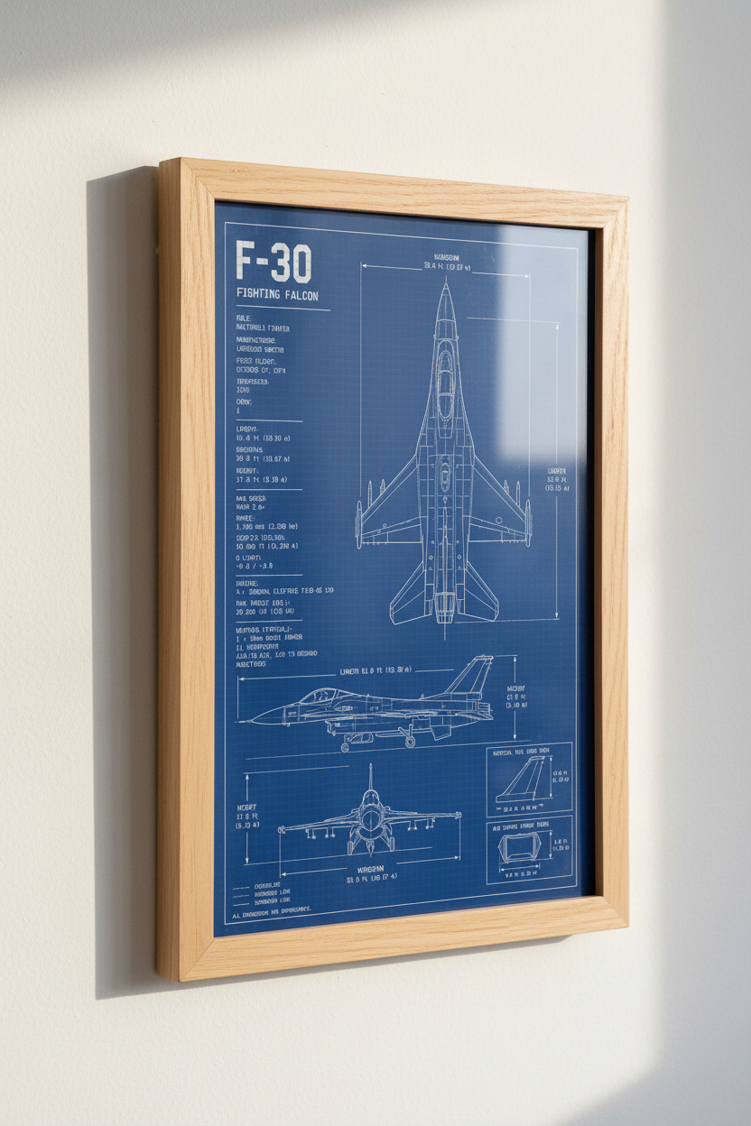 F-30 Fighter Jet Blueprints Wall Art Print | Aviation Decor | Man Cave Poster | Engineering Gifts | Pilot Blueprint Jet Art