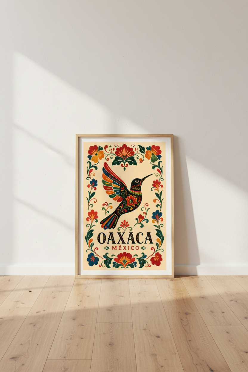 Oaxaca Hummingbird Wall Art | Mexican Folk Flower Poster | Colorful Boho Kitchen Decor