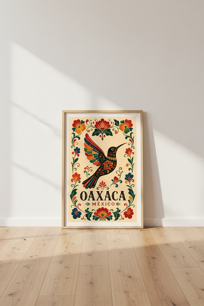 Oaxaca Hummingbird Wall Art | Mexican Folk Flower Poster | Colorful Boho Kitchen Decor