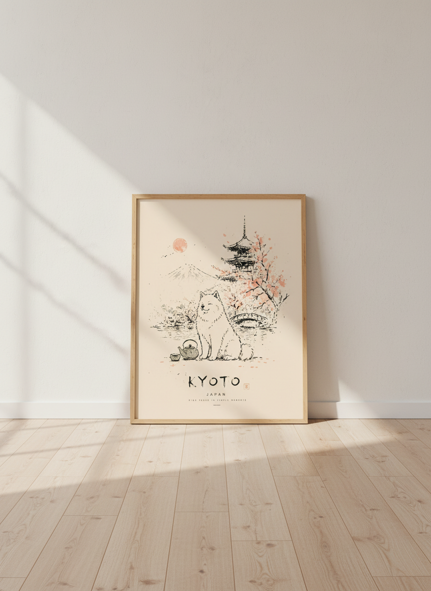 Kyoto Samoyed Art Print | Japanese Zen Landscape, Minimalist Dog Poster
