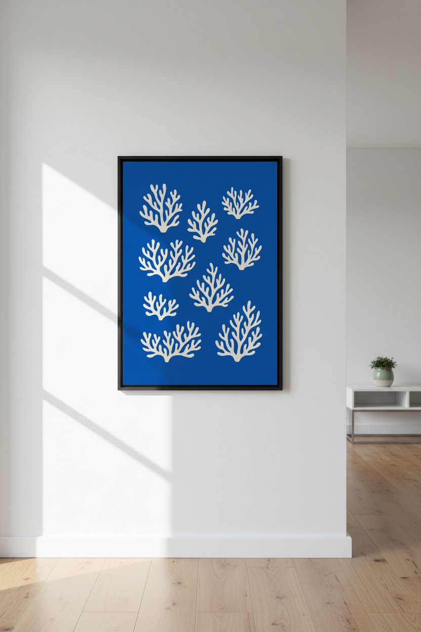 Minimalist Coral Wall Art Print | Coastal Bathroom Decor | Ocean Blue &amp; White Aesthetic Framed Poster