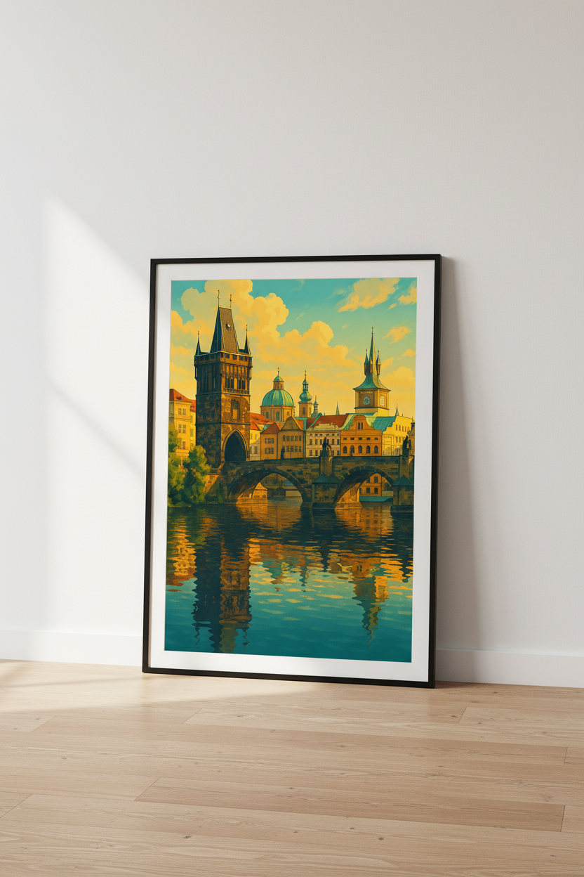 Prague Cityscape Framed Wall Art | Charles Bridge Decor | Travel Aesthetic Poster Print | Ready to Hang Scenic Art