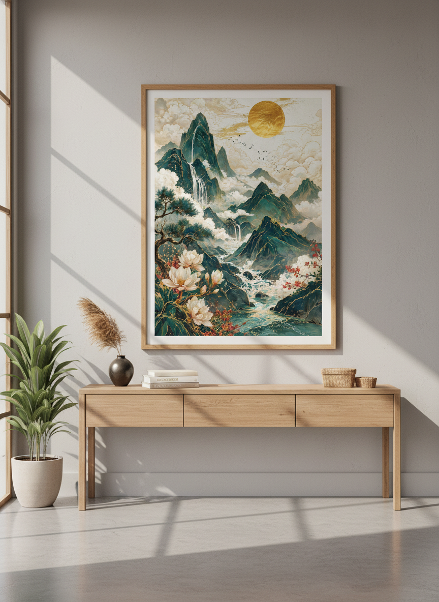 Japanese Mountain Landscape Wall Art | Gold Sun Zen Decor | Nature Poster
