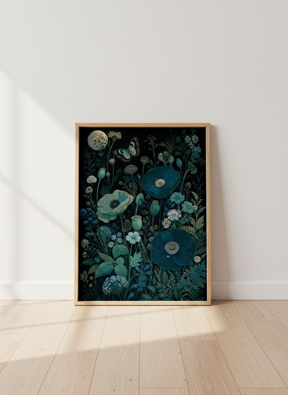 Dark Floral Moon Wall Art | Teal Poppy Botanical Decor | Moody Gothic Poster