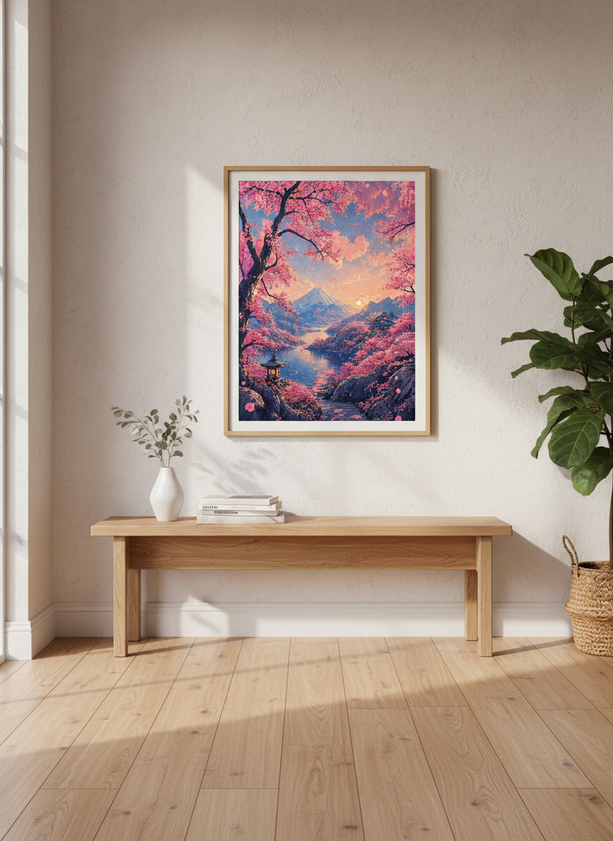 Japanese Cherry Blossom Mount Fuji Wall Art Print | Bedroom Decor | Pastel Zen Poster