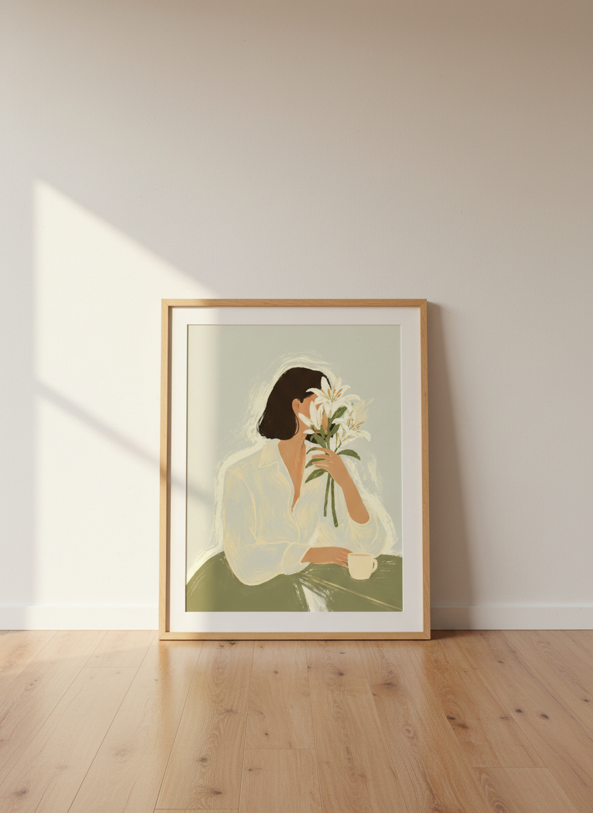 Minimalist Woman with Lilies Art Print | Modern Botanical Wall Decor | Aesthetic Beige &amp; Green Poster | Abstract Feminine Artwork