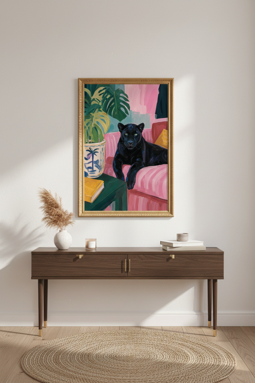panther wall art | modern tropical, pink green living room poster