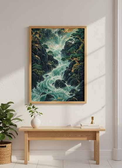 Japanese Waterfall Landscape Wall Art | Teal and Gold Nature Decor | Asian Zen Poster