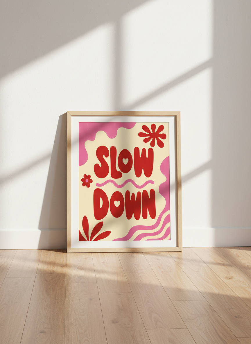 Slow Down Quote Art Print | Retro Pink Red Wall Decor | Trendy Preppy Dorm Poster