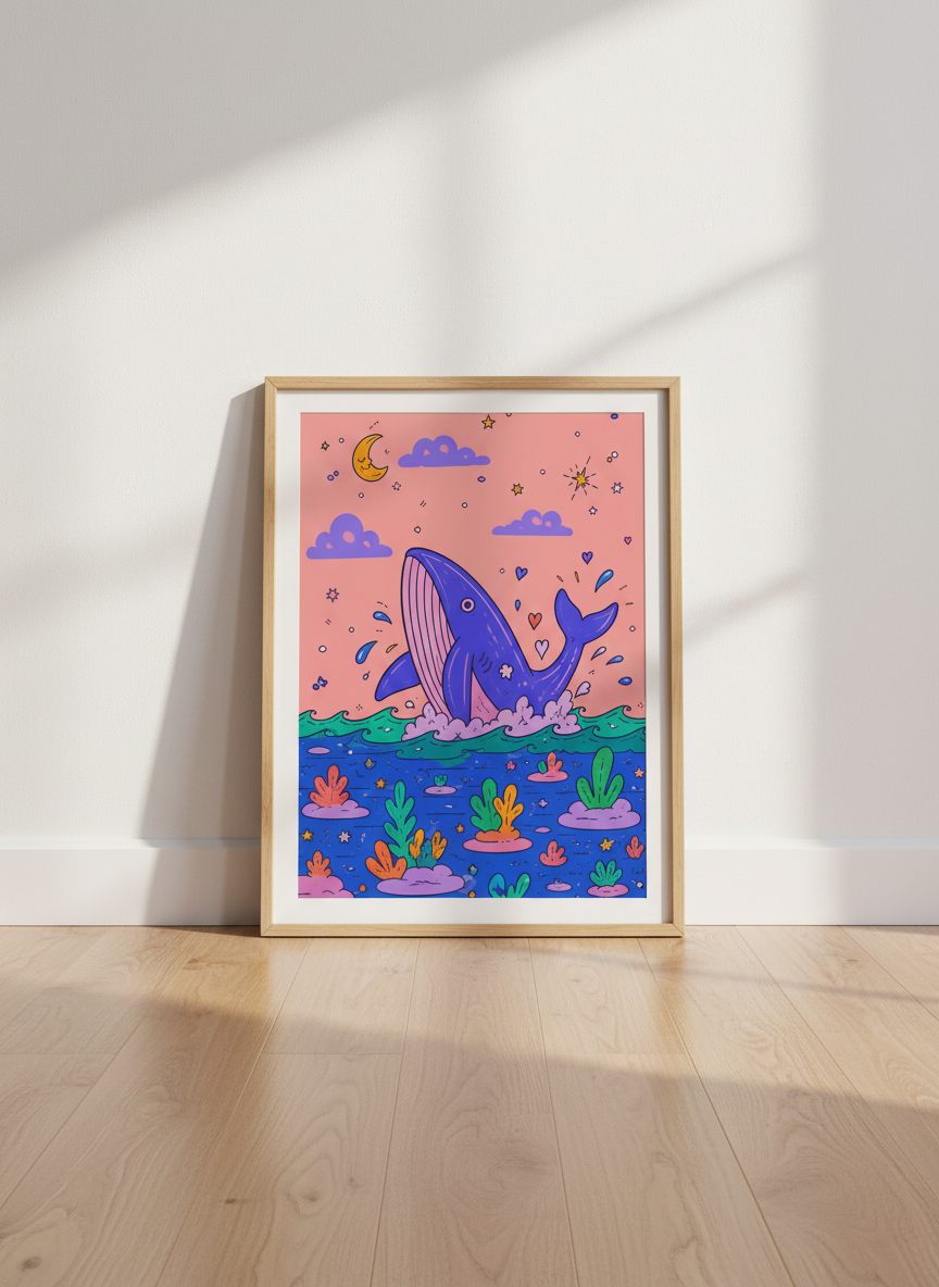 Whimsical Whale &amp; Night Sky Art | Purple &amp; Coral Nursery Decor | Playful Poster
