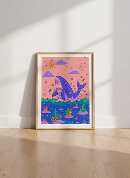 Whimsical Whale &amp; Night Sky Art | Purple &amp; Coral Nursery Decor | Playful Poster