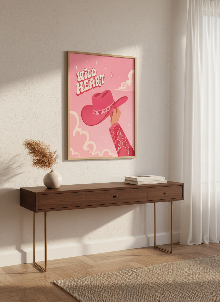 Wild Heart Pink Cowgirl Wall Art | Retro Western Poster, Dorm &amp; Bedroom Decor