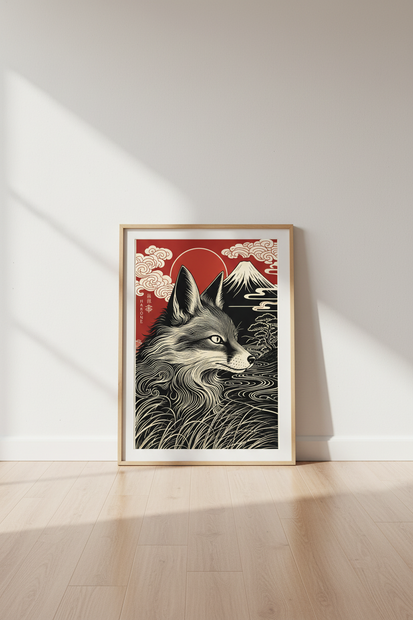 Japanese Kitsune Fox Wall Art | Hakone Mount Fuji Poster, Red &amp; Black Zen Decor