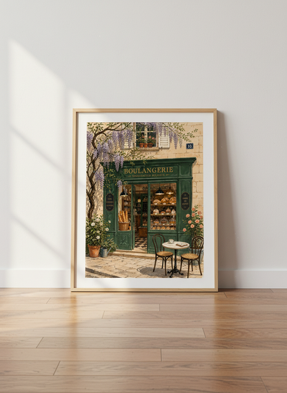 French Boulangerie Wall Art | Green Bakery Floral Poster, Kitchen Decor