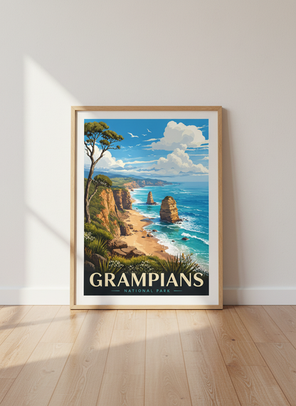 Grampians National Park Travel Poster | Australia Coastal Wall Art, Blue Beach Decor