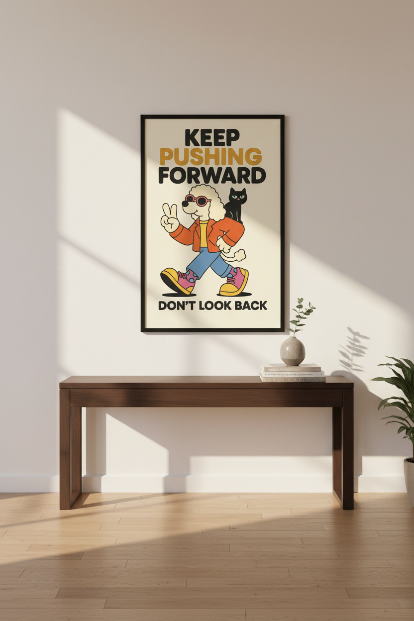 Retro Cartoon Dog Cat Wall Art Print | Motivational Office Decor | Mid Century Modern Poster | Keep Pushing Forward Quote